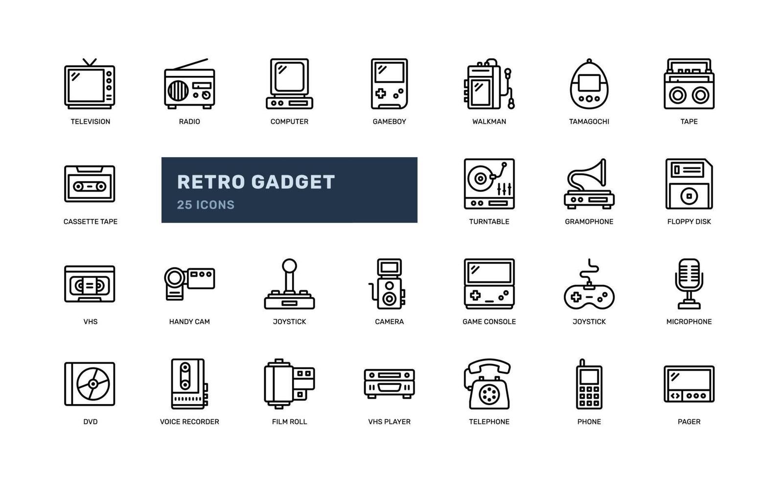 jeu d'icônes de contour détaillé électronique de technologie de dispositif de gadget vintage rétro classique. illustration vectorielle simple vecteur