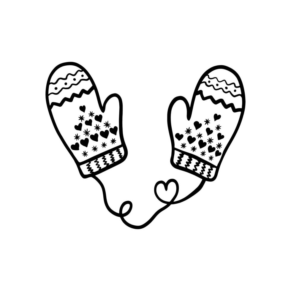 mitaines tricotées de noël. mitaines dessinées à la main dans un style doodle. mitaines avec des coeurs vecteur