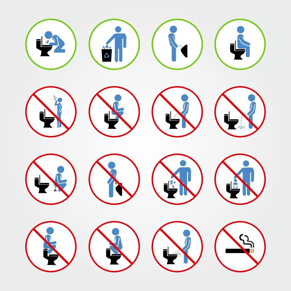 ensemble de panneaux de toilette. icônes de toilettes. illustration de signes de toilettes. aucun signe de pipi. ensemble de panneaux d'interdiction. vecteur