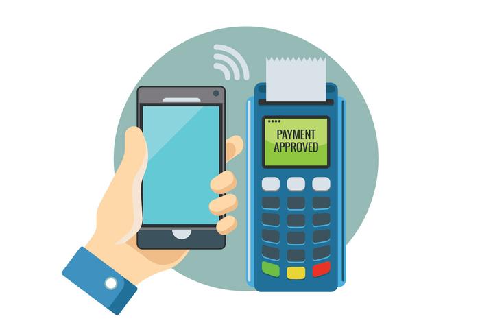 Paiement dans un commerce avec NFC système avec téléphone mobile vecteur