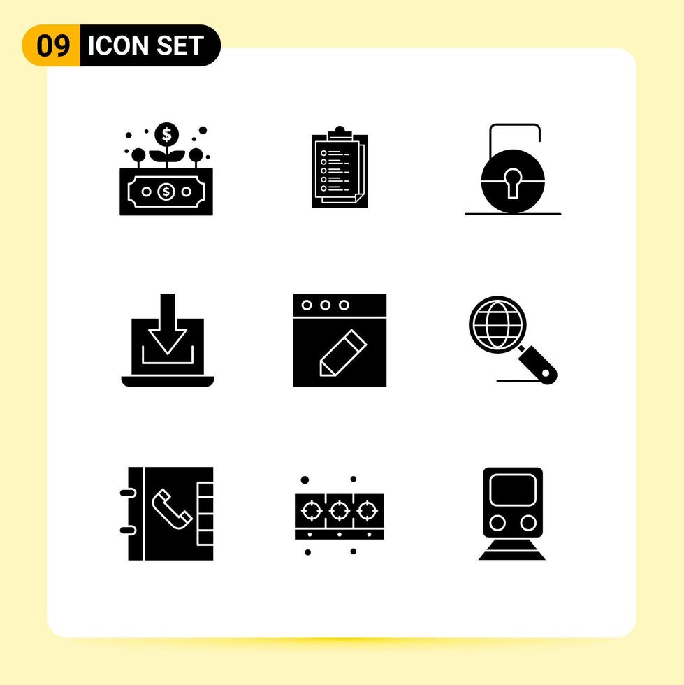 interface utilisateur pack de 9 glyphes solides de base d'édition clé de téléchargement éléments de conception vectoriels modifiables pour ordinateur portable vecteur