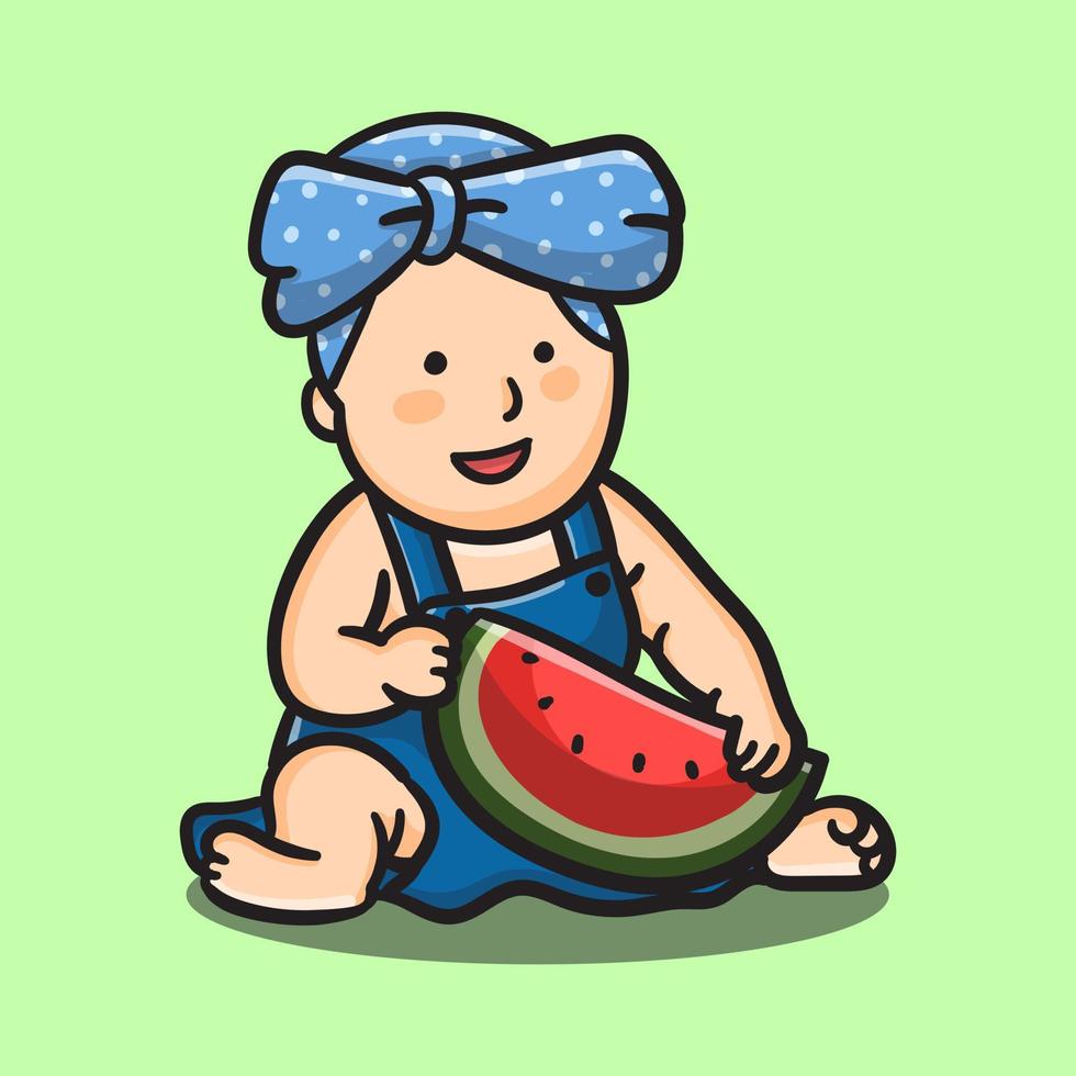 illustration de bébé dessin animé mignon apporter la pastèque vecteur