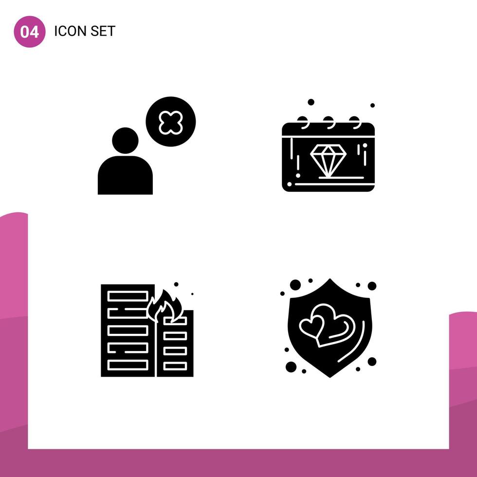 ensemble de pictogrammes de 4 glyphes solides simples d'éléments de conception vectoriels modifiables de flamme d'économie d'utilisateur de gravure croisée vecteur