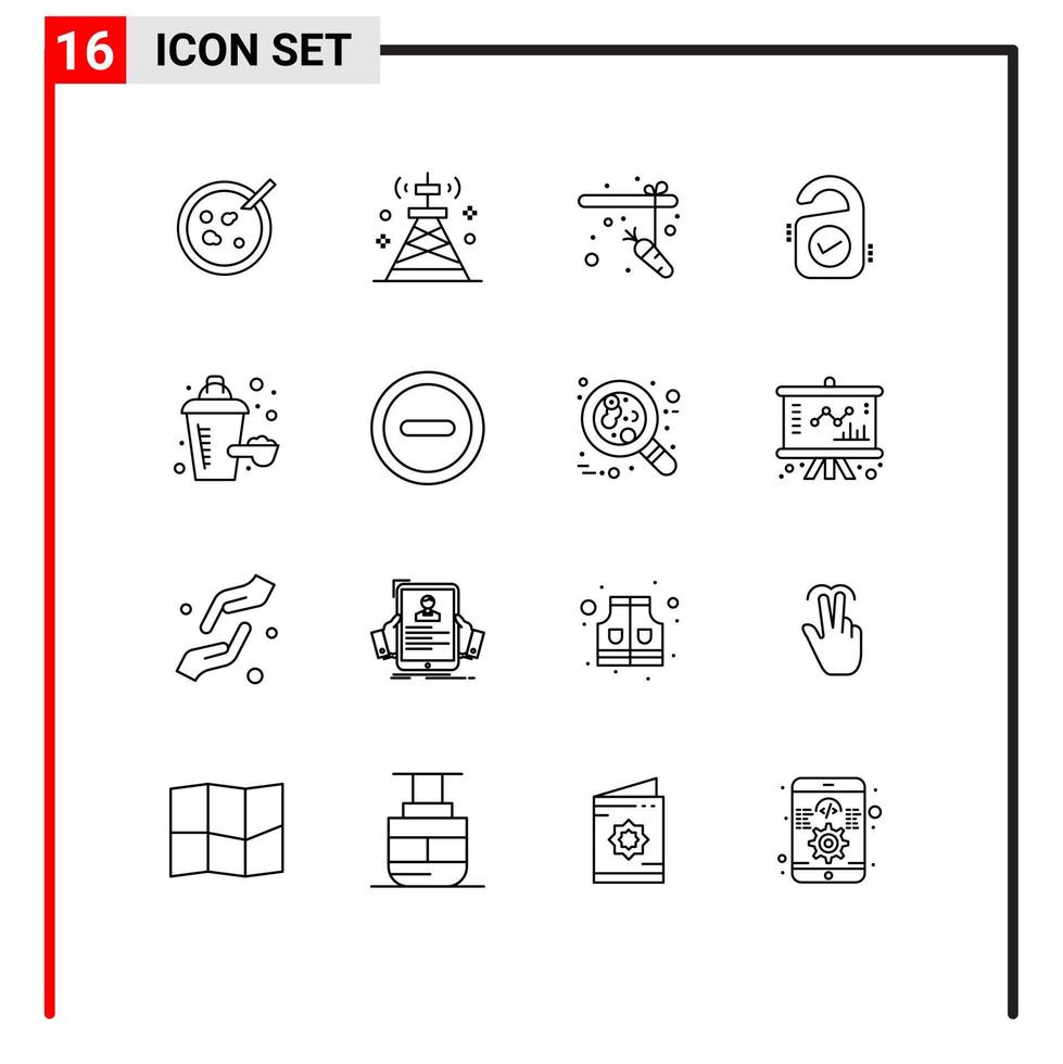 ensemble moderne de 16 contours et symboles tels que des éléments de conception vectoriels modifiables d'étiquette d'hôtel de tour de signe de supplément nutritionnel vecteur
