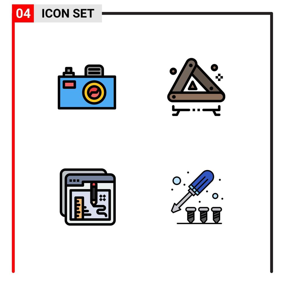 4 symboles universels de couleur plate de ligne remplie symboles de fichier de signe d'accident de document de caméra éléments de conception vectoriels modifiables vecteur