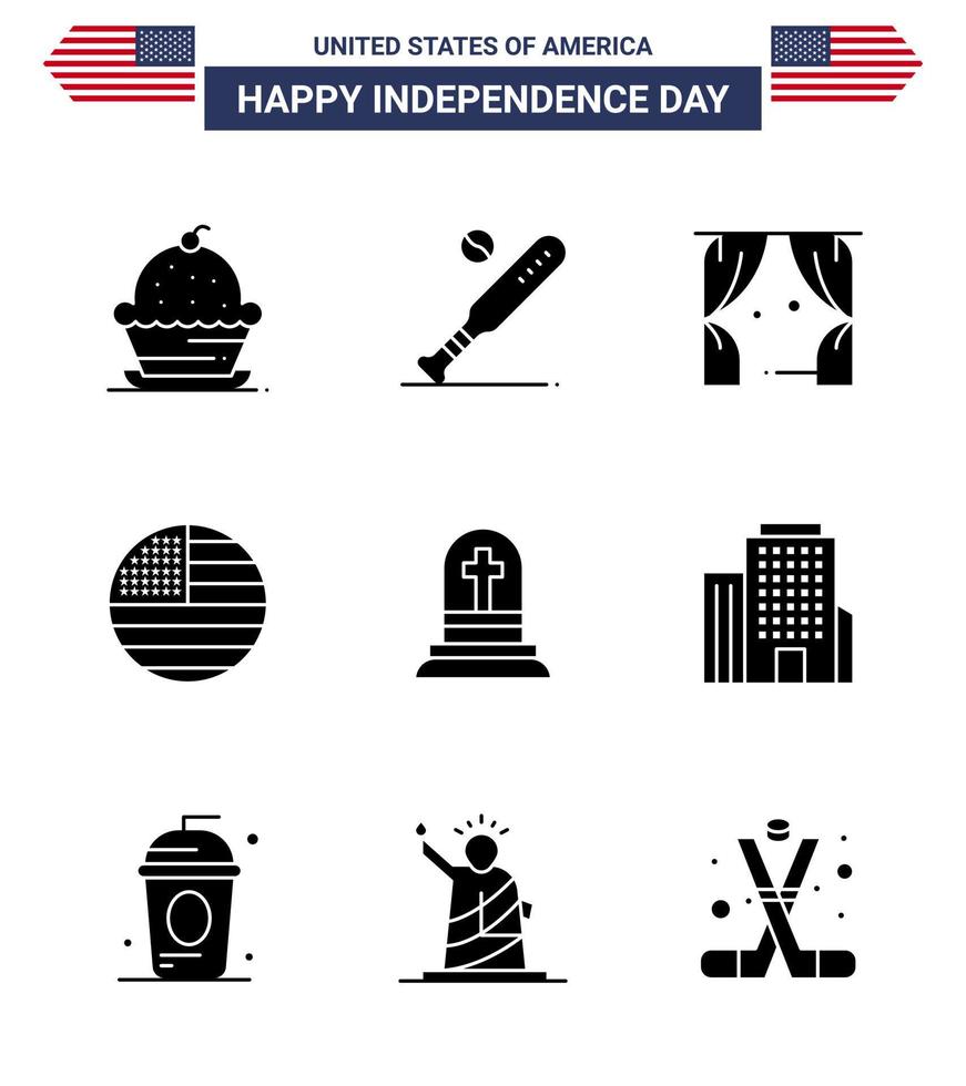 gros pack de 9 usa joyeux jour de l'indépendance usa vecteur glyphes solides et symboles modifiables des états-unis drapeau sports théâtre américain modifiable usa jour vecteur éléments de conception