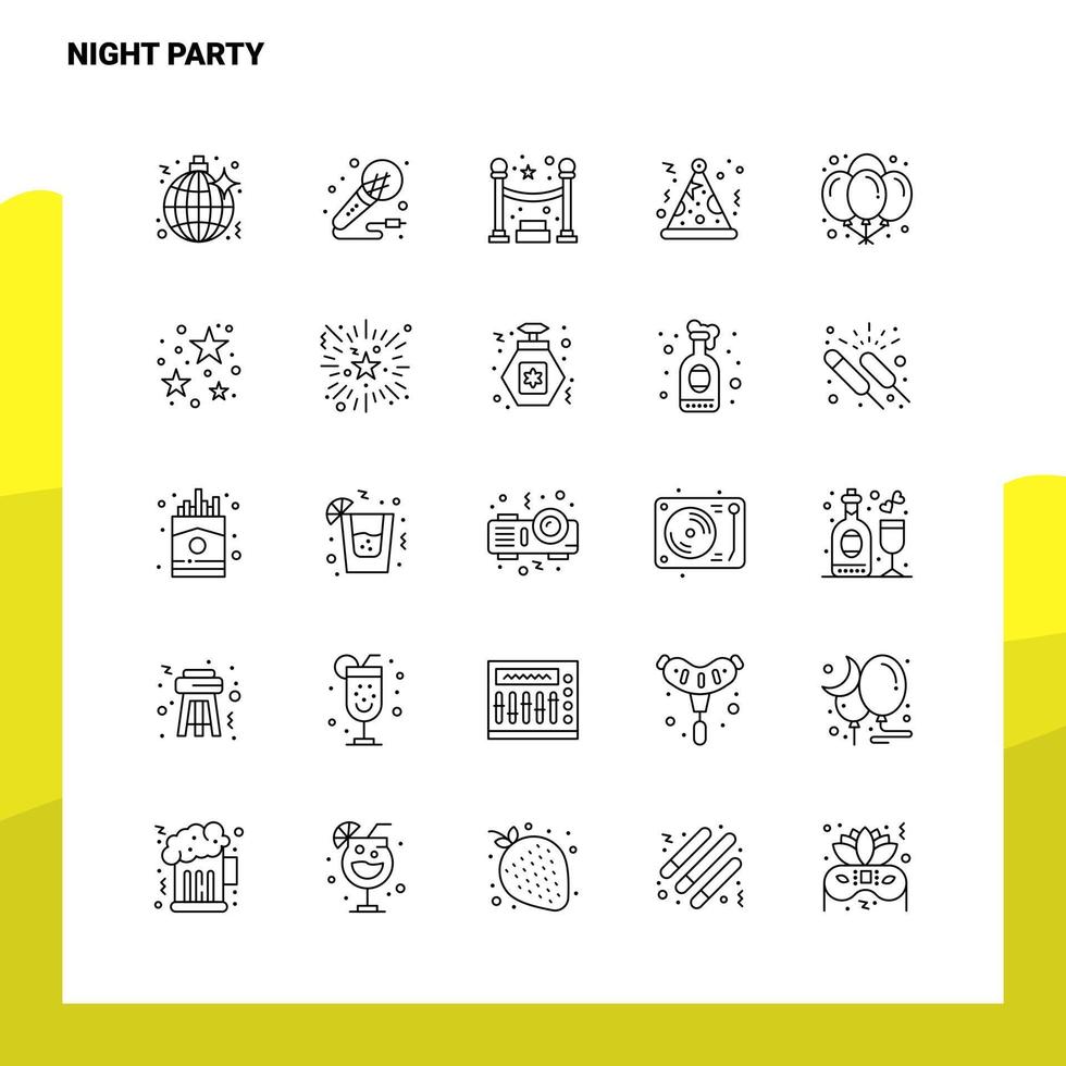 ensemble d'icônes de ligne de fête de nuit ensemble de 25 icônes conception de style minimalisme vectoriel icônes noires définies pack de pictogrammes linéaires