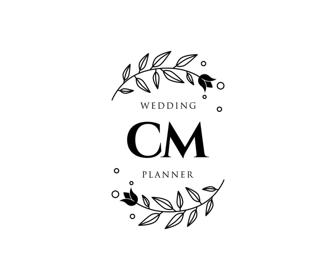 collection de logos de monogramme de mariage lettre initiales cm, modèles minimalistes et floraux modernes dessinés à la main pour cartes d'invitation, réservez la date, identité élégante pour restaurant, boutique, café en image vectorielle vecteur