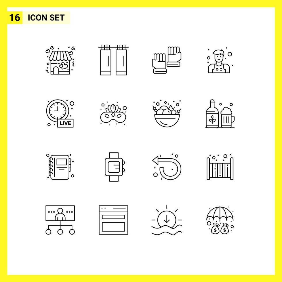 16 contours universels définis pour les applications Web et mobiles mise à jour en direct gants d'horloge homme d'alarme éléments de conception vectoriels modifiables vecteur