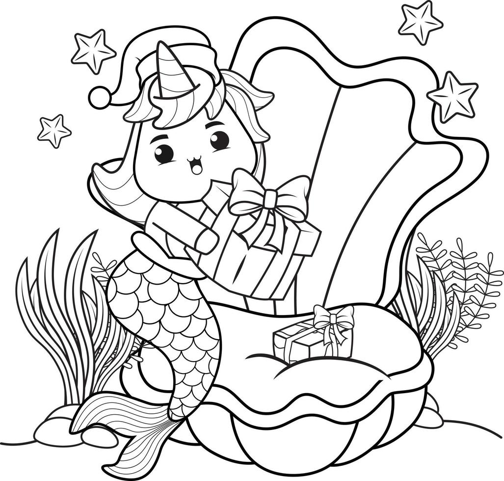 livre de coloriage de noël avec une jolie sirène licorne vecteur