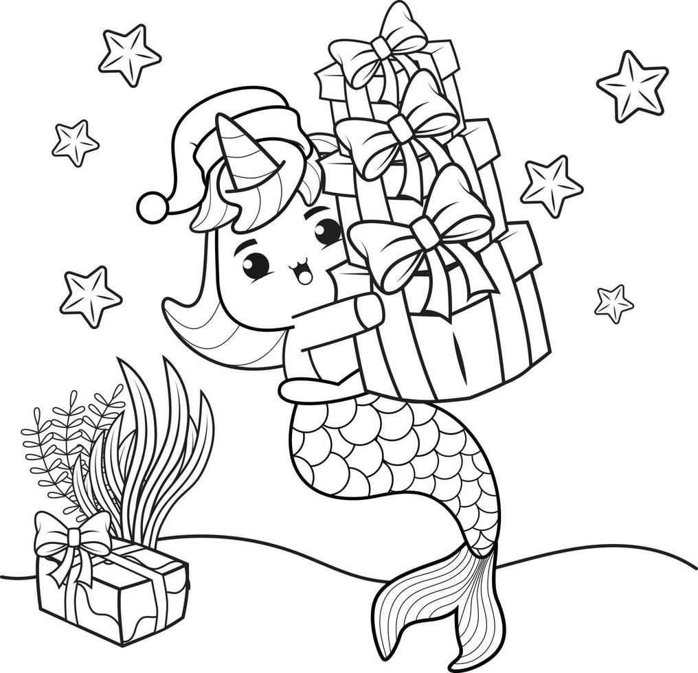 livre de coloriage de noël avec une jolie sirène licorne vecteur