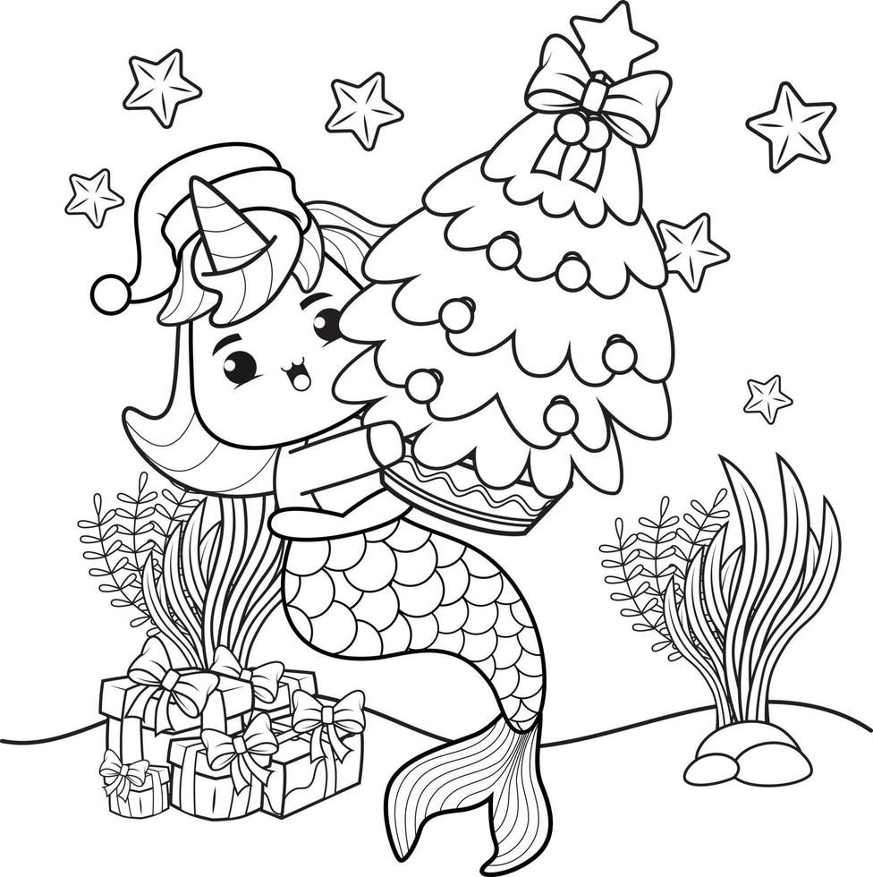 livre de coloriage de noël avec une jolie sirène licorne vecteur