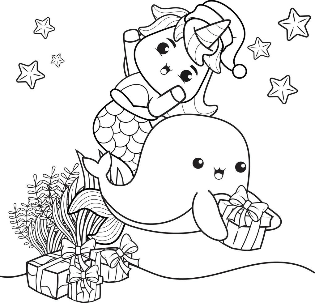 livre de coloriage de noël avec une jolie sirène licorne vecteur