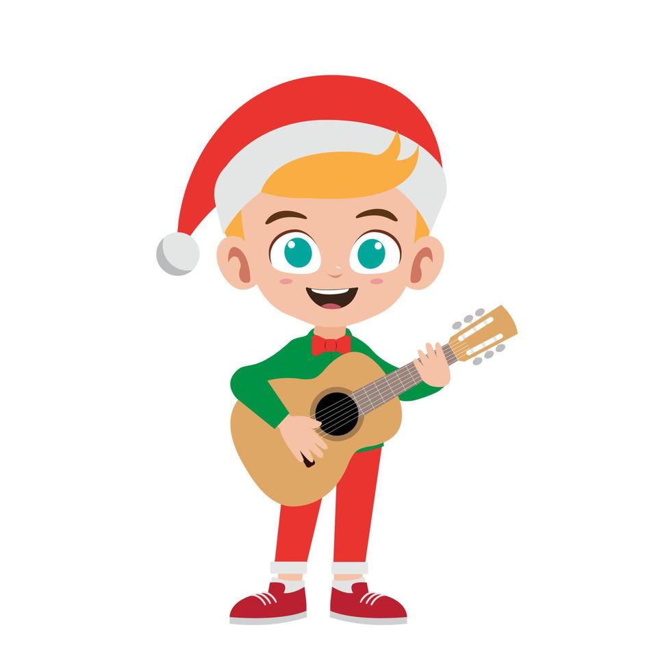 heureux mignon petit garçon tenant une guitare en illustration vectorielle de costume de noël vecteur