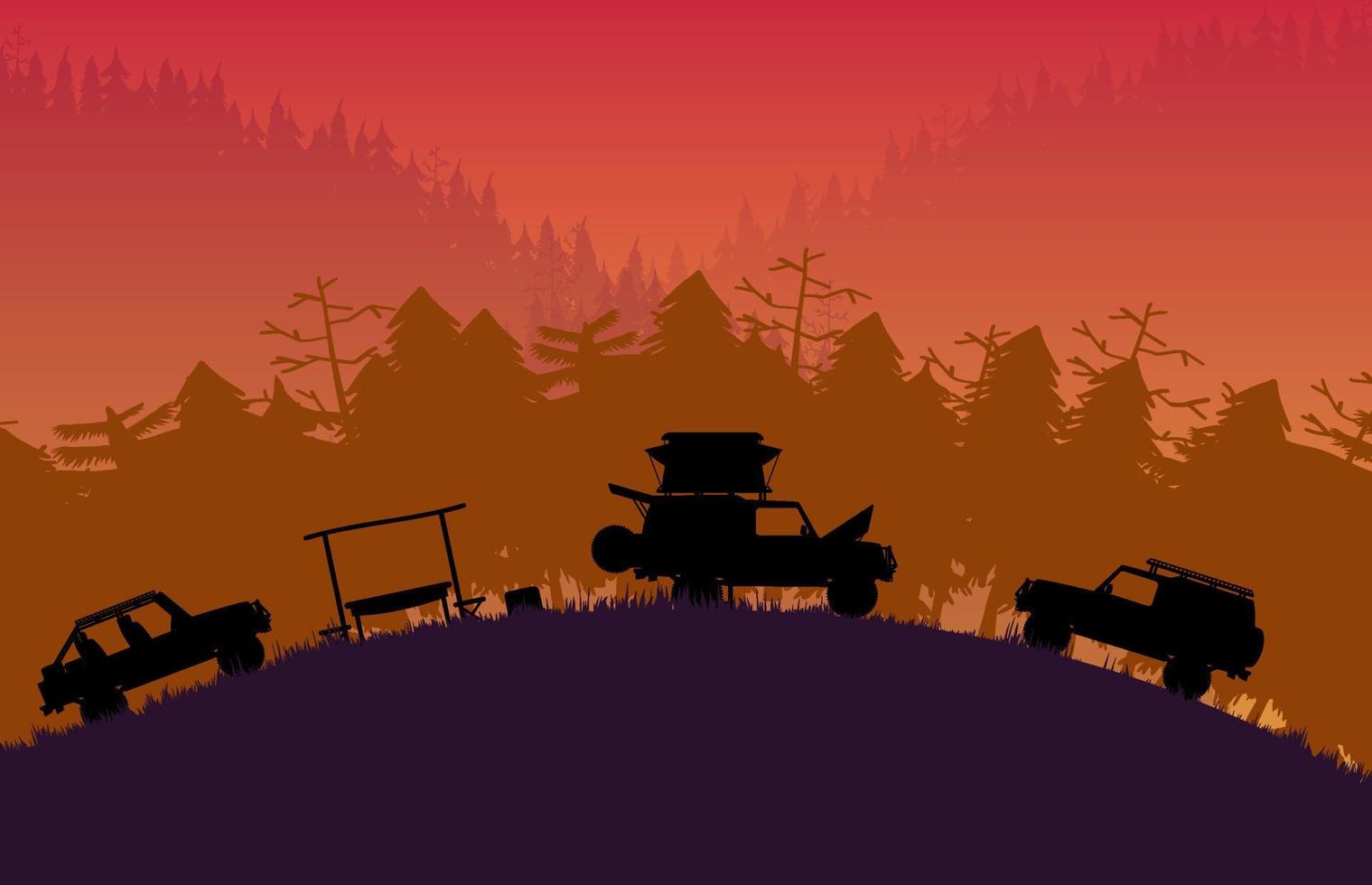 silhouette véhicule hors route camping avec paysage de montagne forestière sur fond dégradé orange vecteur