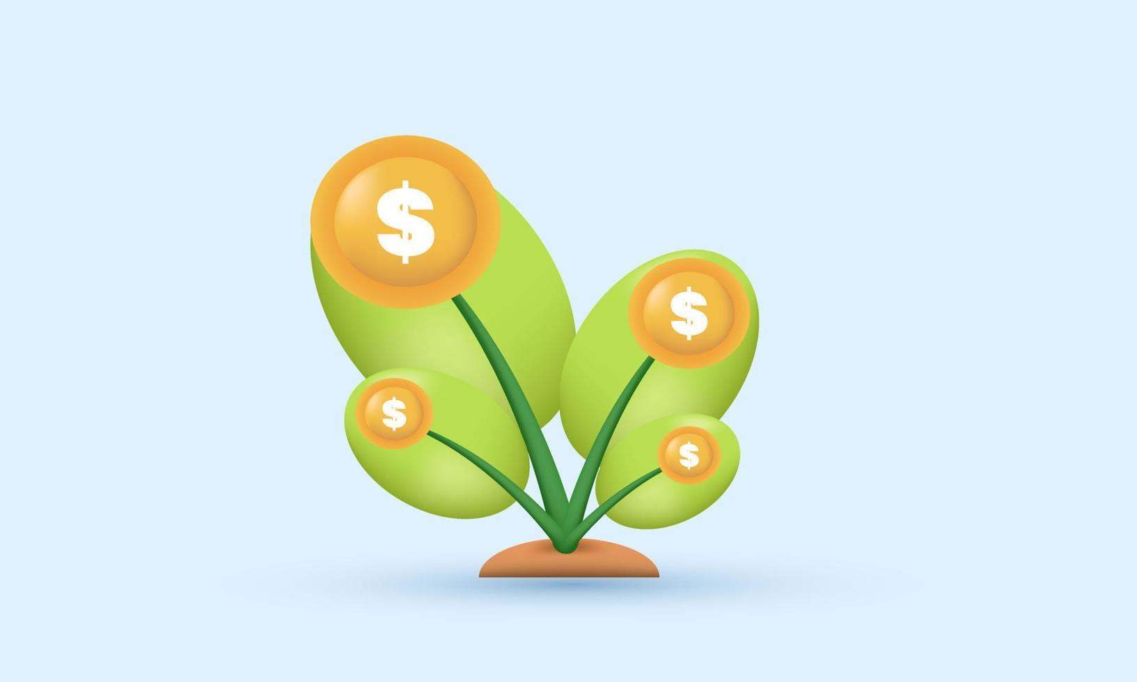 illustration mignon 3d argent arbre plante pièce dollar entreprise réaliste isolé sur fond vecteur