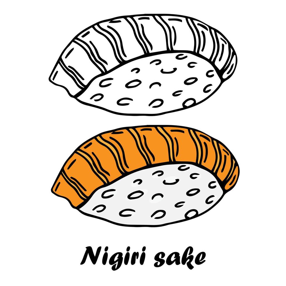 sushi de saumon mignon ou nigiri de saké avec garnitures d'ikura ou illustration vectorielle de caviar pour les menus de bar de restaurant japonais, autocollants, icônes, isolés sur fond vert vecteur