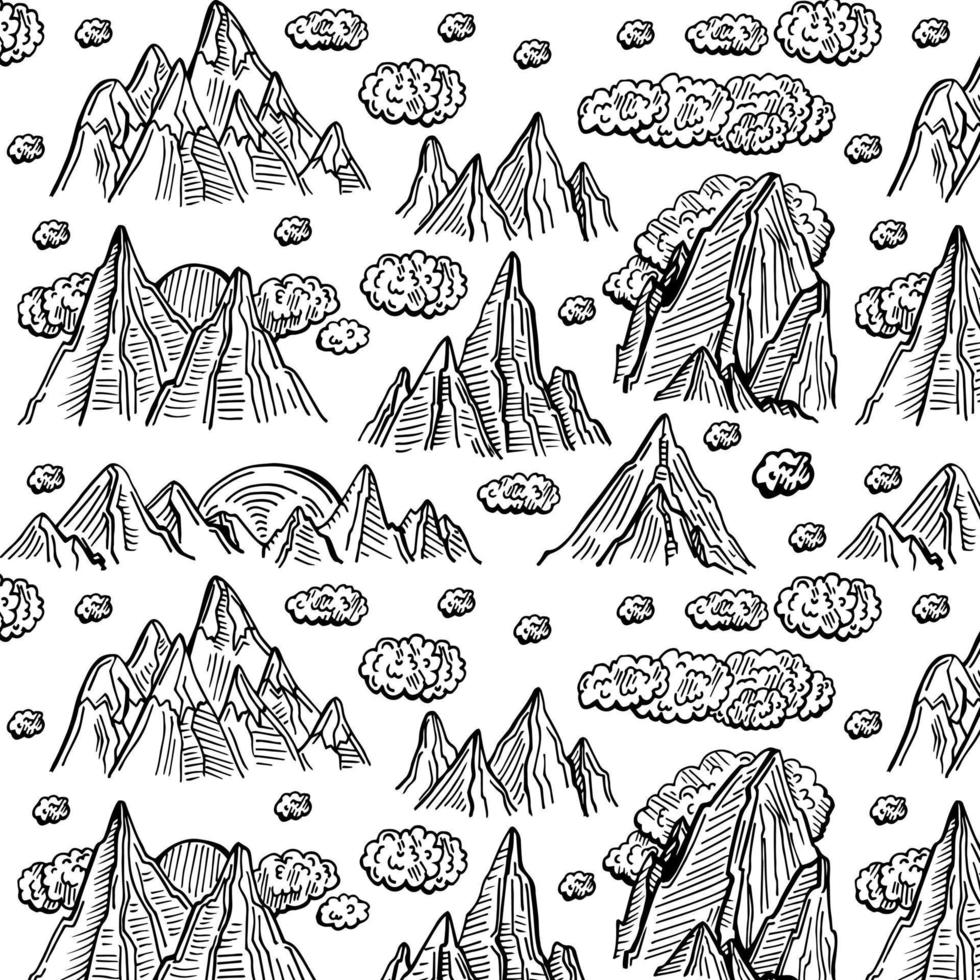 illustration vectorielle de voyage avec motif sans couture de dessin animé. style de griffonnage noir et blanc. illustration avec des éléments graphiques de fin de sommets de montagne vecteur