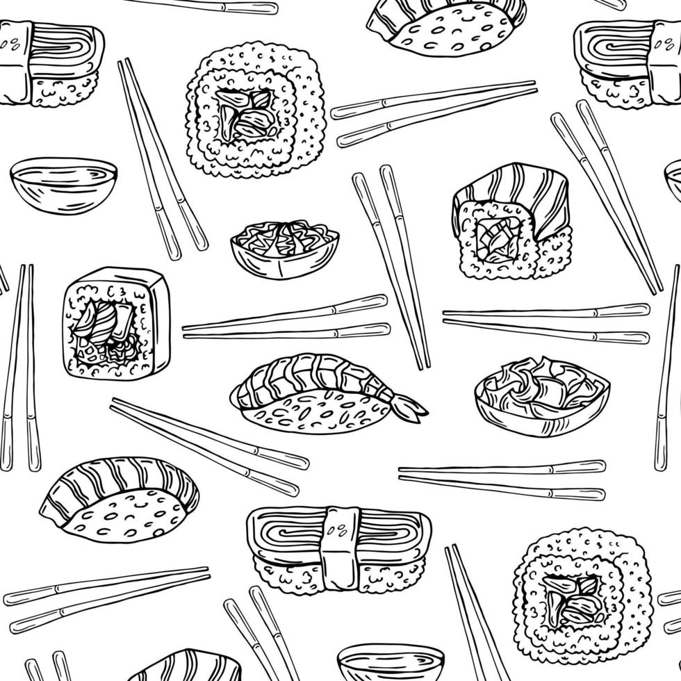 motif de sushi noir et blanc en style doodle. vecteur