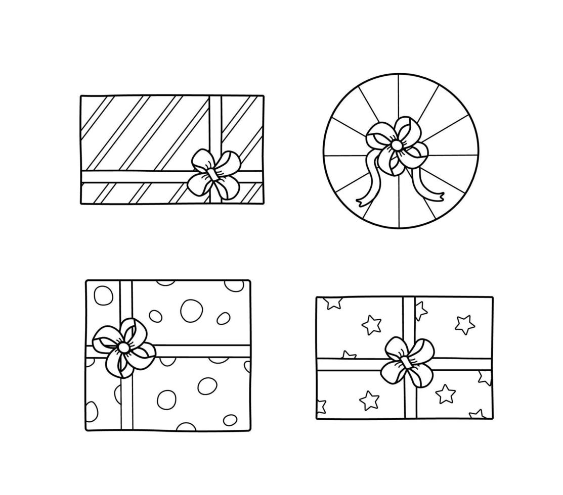 icônes de cadeaux avec des arcs. papier d'emballage d'éléments vectoriels doodle. un ensemble de coffrets cadeaux pour les vacances. isoler sur une illustration de fond blanc. vecteur