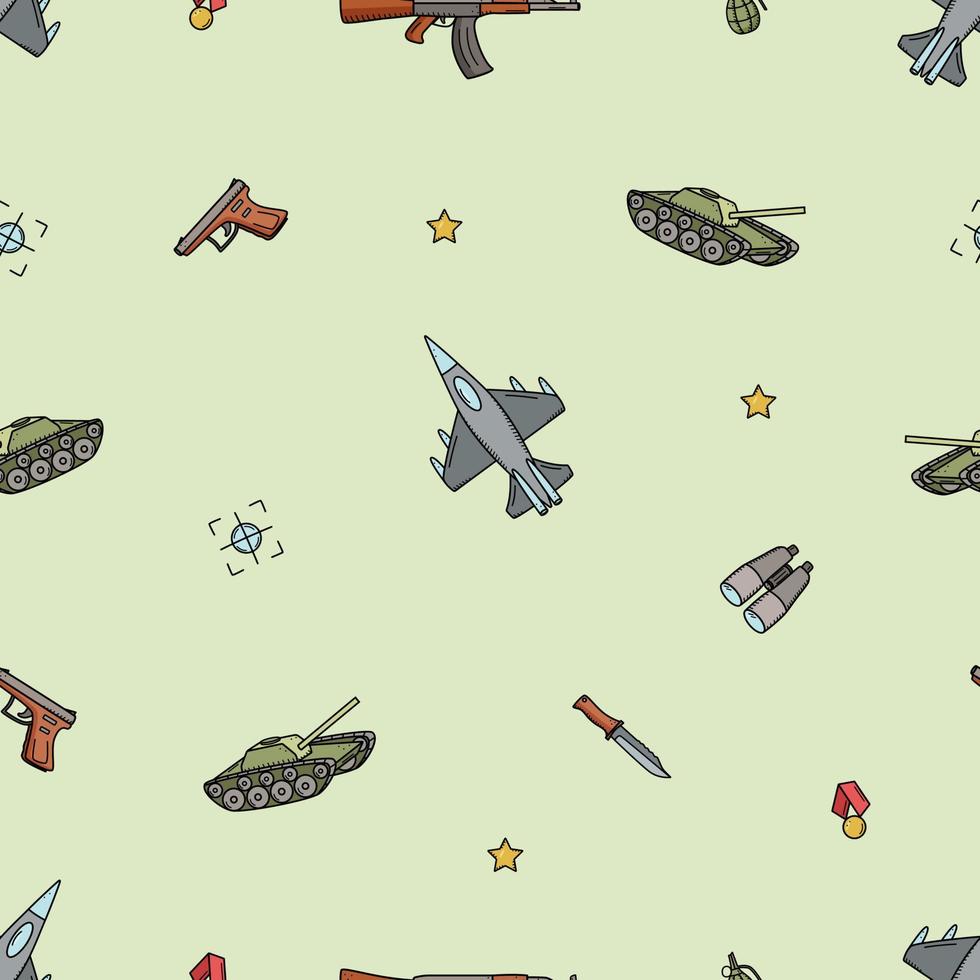 icônes de doodle militaire modèle sans couture. illustration vectorielle d'un ensemble d'équipements militaires, articles de l'armée. vecteur