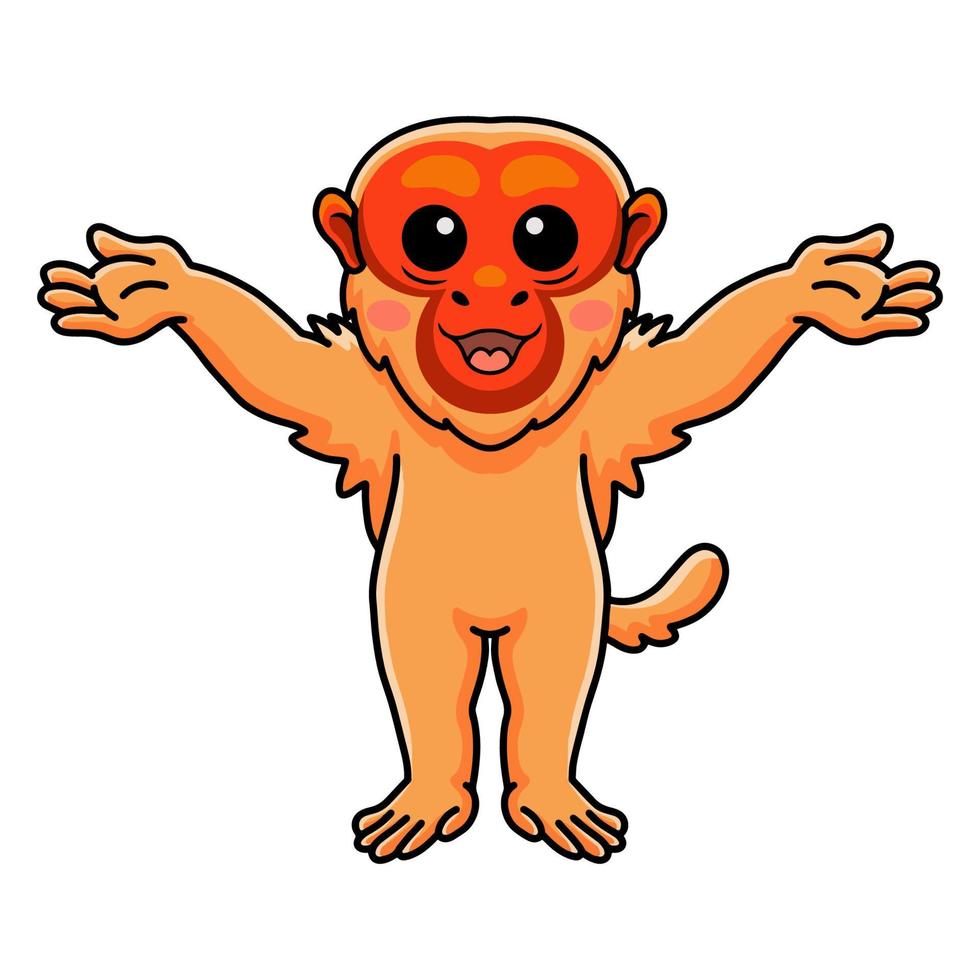 dessin animé mignon singe uakari chauve levant les mains vecteur