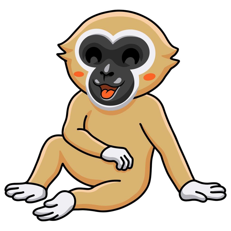 dessin animé mignon singe gibbon aux mains blanches assis vecteur