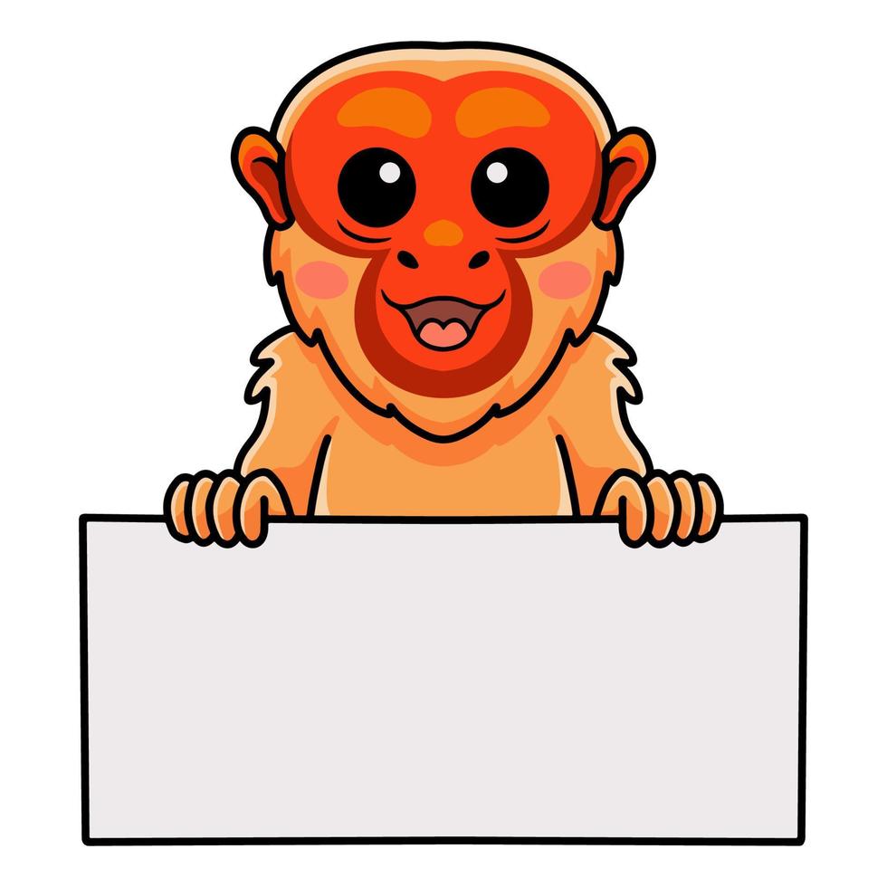 dessin animé mignon singe uakari chauve tenant une pancarte blanche vecteur