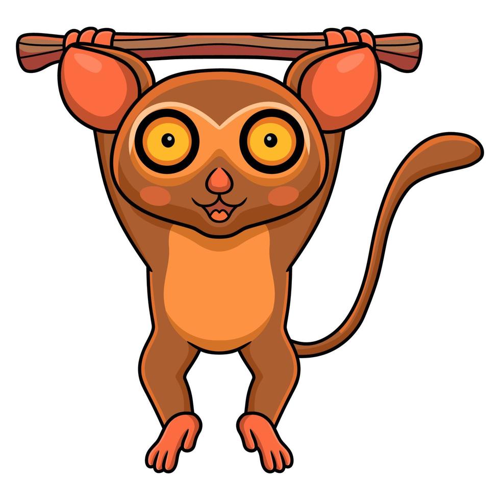 mignon petit dessin animé de tarsier suspendu à un arbre vecteur