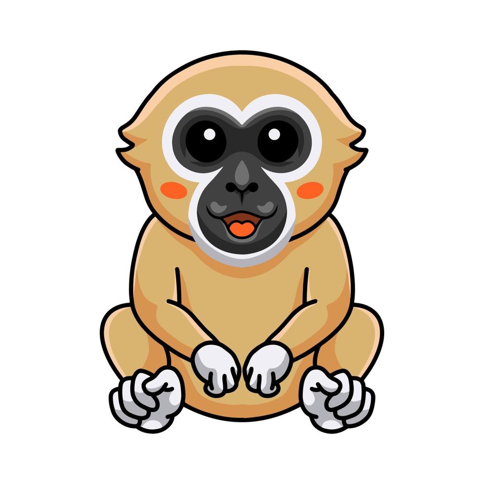 dessin animé mignon singe gibbon aux mains blanches assis vecteur