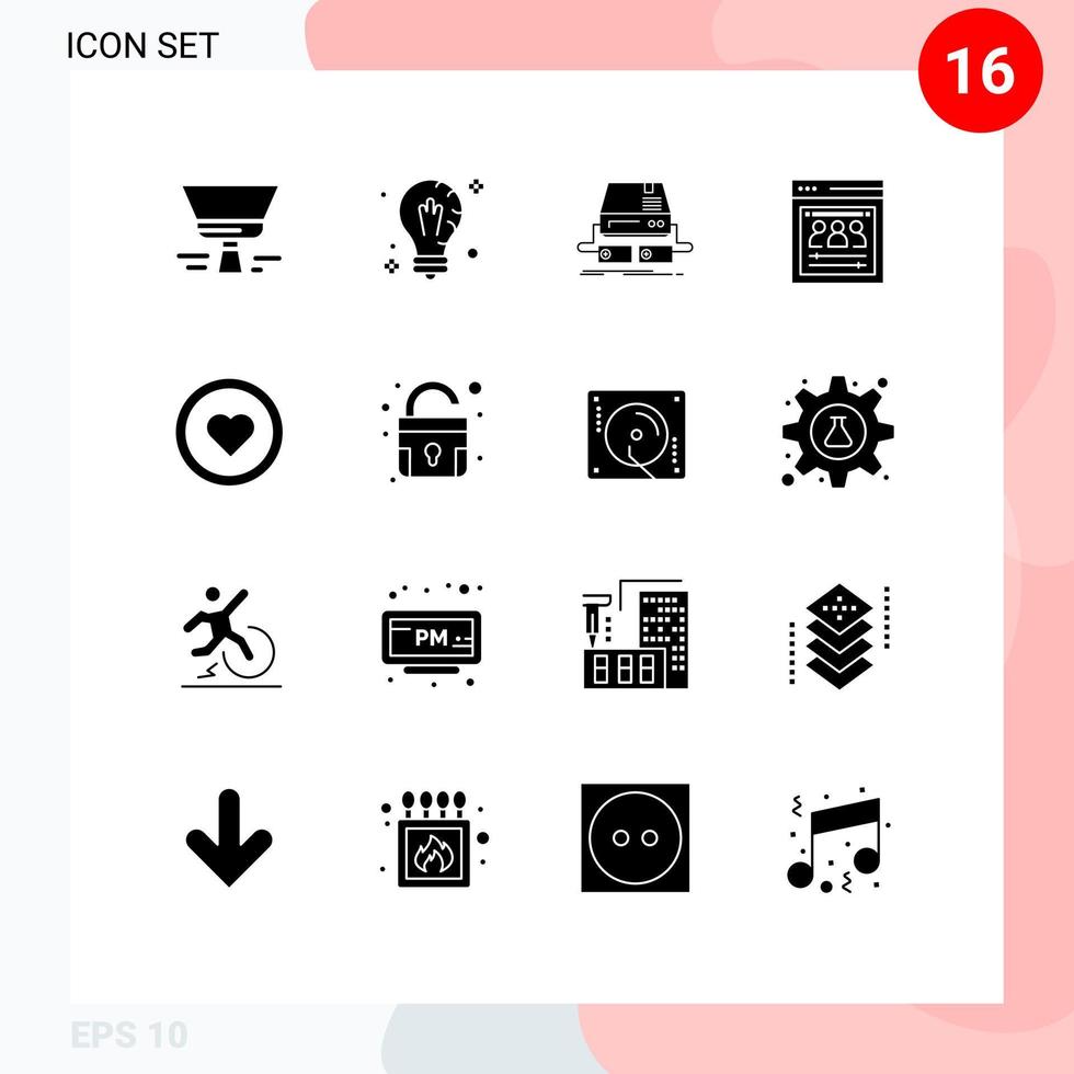 16 interface utilisateur pack de glyphes solides de signes et symboles modernes de l'équipe web équipe à distance organisation de la lumière bloc de page éléments de conception vectoriels modifiables vecteur