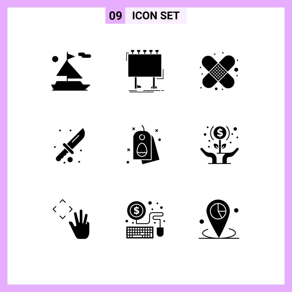 interface mobile glyphe solide ensemble de 9 pictogrammes d'outil de pansement tag pâques randonnée éléments de conception vectoriels modifiables vecteur