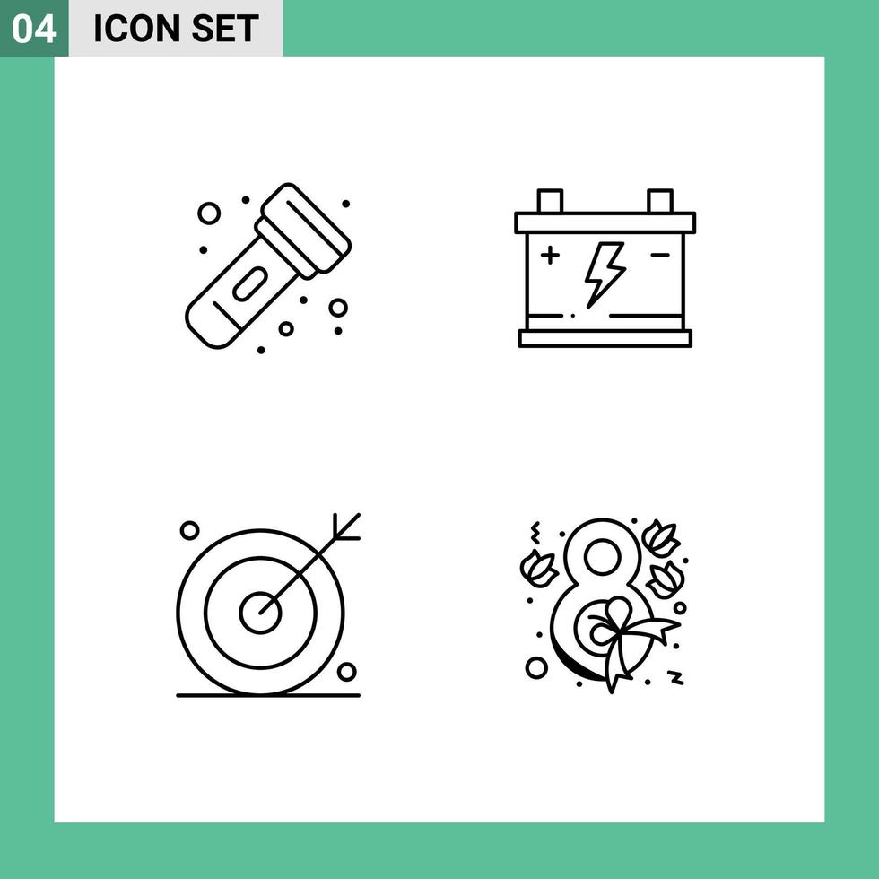 pack d'interface utilisateur de 4 couleurs plates de base remplies d'éléments de conception vectoriels modifiables de recherche de puissance de torche multimédia de camping vecteur