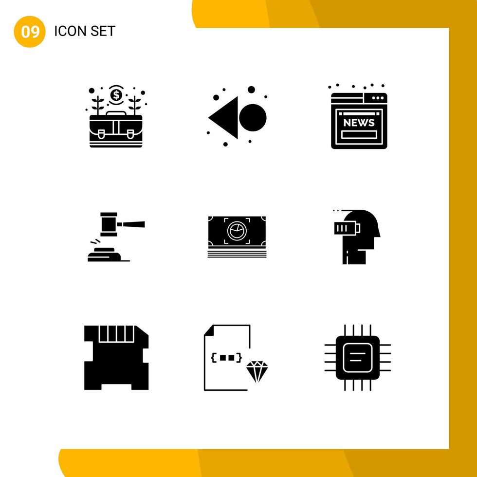 interface utilisateur pack de 9 glyphes solides de base de l'article de marteau de juge action en justice éléments de conception vectoriels modifiables vecteur