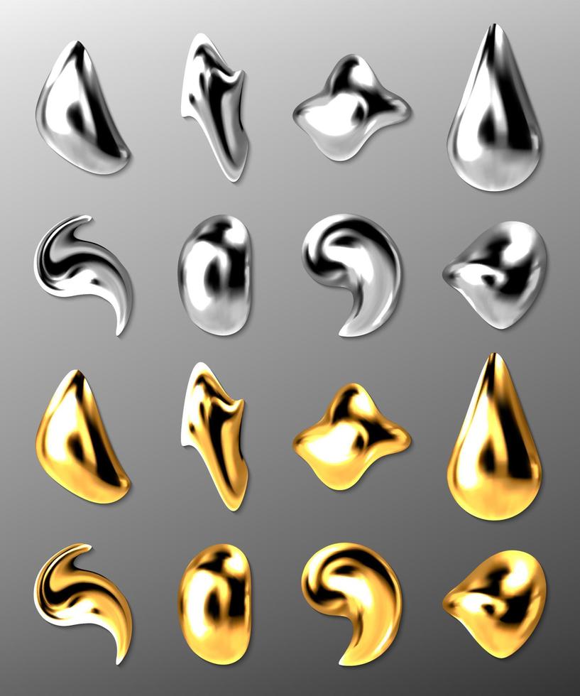 gouttes d'or ou d'argent liquide, mercure abstrait 3d vecteur