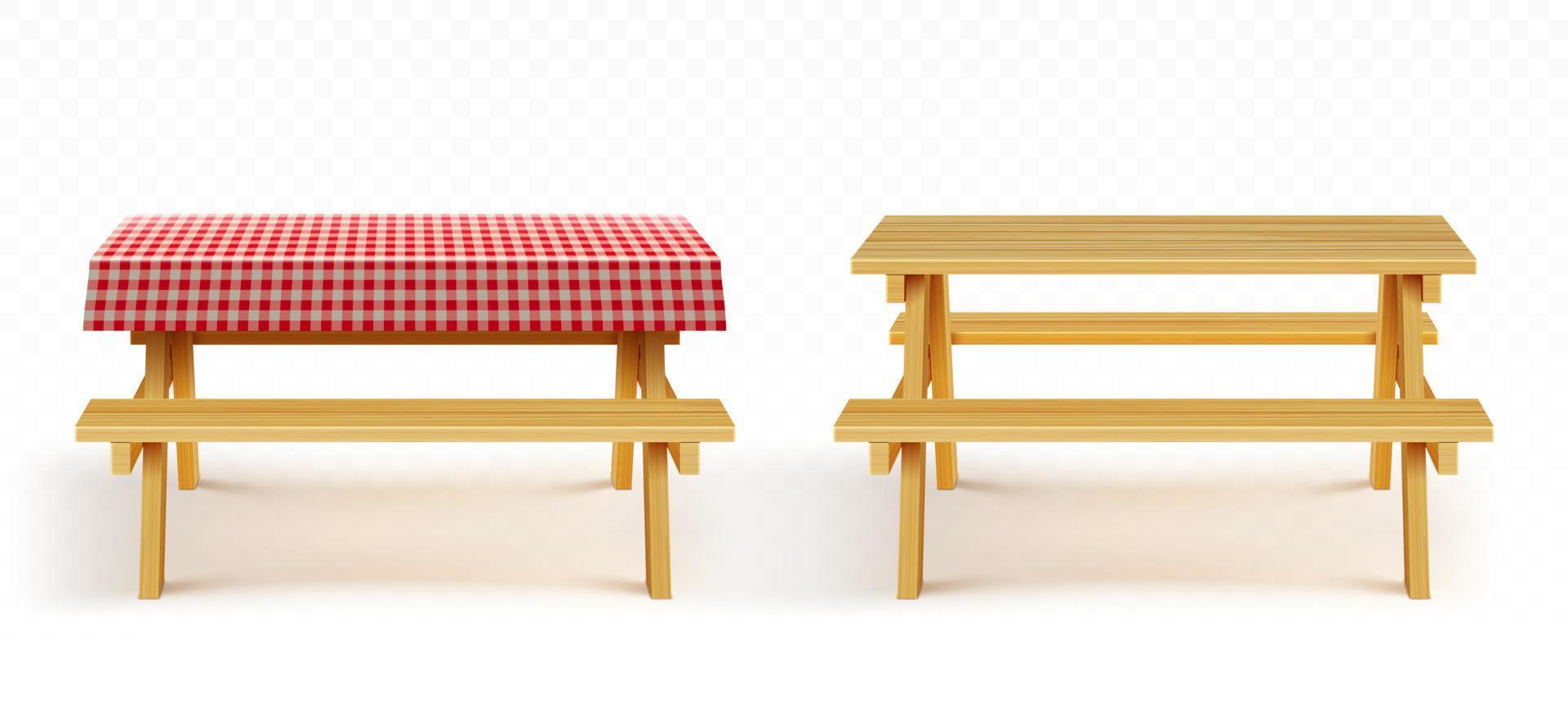 table de pique-nique en bois avec bancs et nappe vecteur