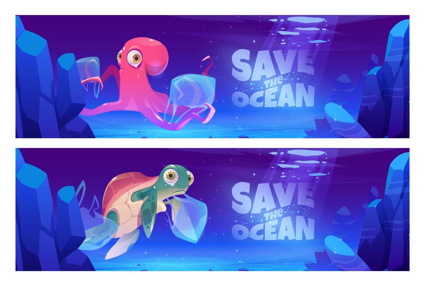 sauver les bannières de dessin animé de l'océan avec des animaux sous-marins vecteur