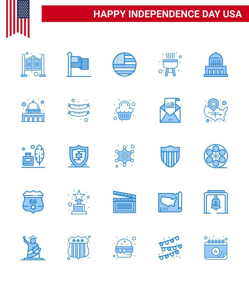 groupe de 25 blues pour le jour de l'indépendance des états-unis d'amérique tels que usa capitol barbecue usa city modifiable usa day vector design elements