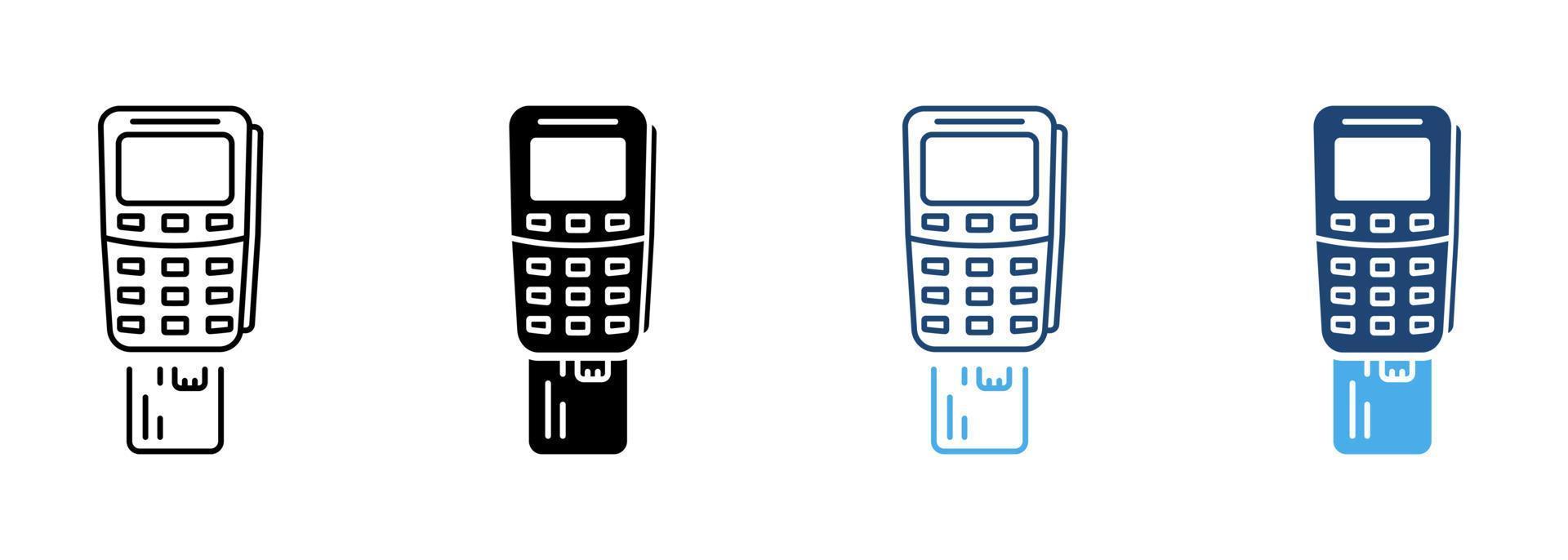 terminal de paiement avec ligne de carte de crédit insérée et jeu d'icônes de silhouette. pictogramme de transaction financière de service bancaire. insertion de la carte dans le symbole pos sur fond blanc. illustration vectorielle isolée. vecteur