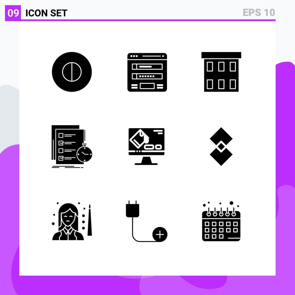 interface mobile glyphe solide ensemble de 9 pictogrammes d'éléments de conception vectoriels modifiables de bureau de tâche de construction de liste de temps vecteur