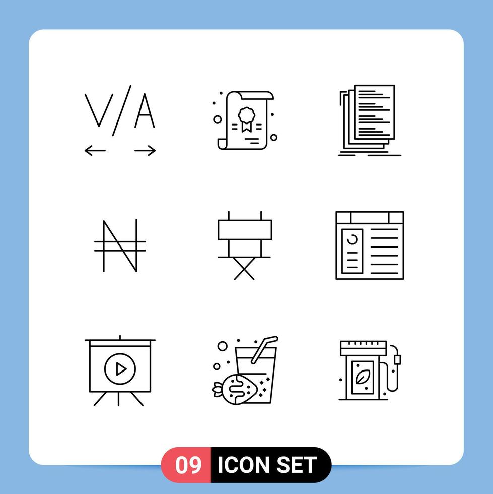 9 pack de contours d'interface utilisateur de signes et symboles modernes de fichiers de film d'application cinéma nigeria éléments de conception vectoriels modifiables vecteur