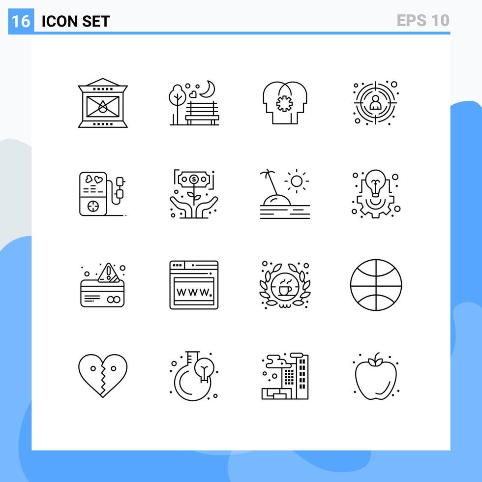 symboles d'icônes universelles groupe de 16 contours modernes d'éléments de conception vectoriels modifiables de réglage de cible de parc client cible cardiaque vecteur