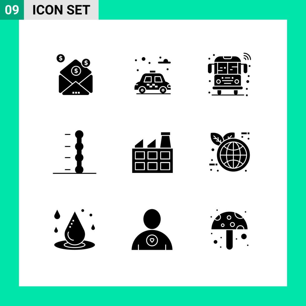 pack de 9 signes et symboles de glyphes solides modernes pour les supports d'impression Web tels que le jour de la terre usine construction publique voiture éléments de conception vectoriels modifiables vecteur