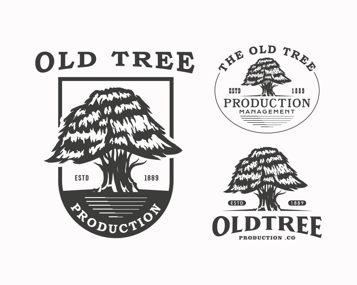 ancien logo de production d'arbres. modèles de conception de logo d'emblème de silhouette d'arbre vecteur