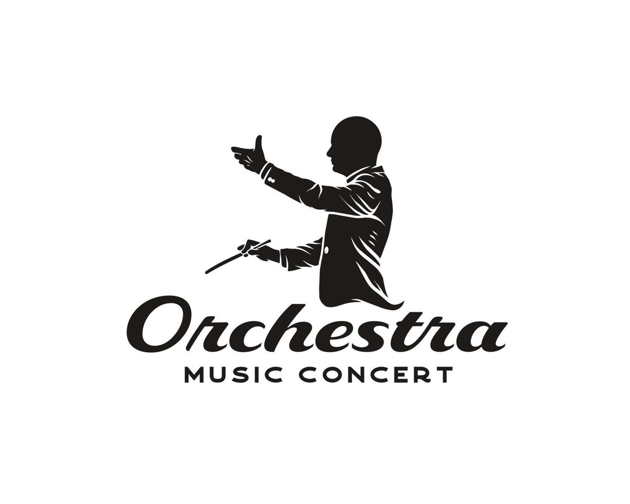 logo de musique, silhouette d'homme avec logo de bâton, logo de mascotte arrangé musical. chef d'orchestre ou chef de chœur illustration vectorielle vecteur