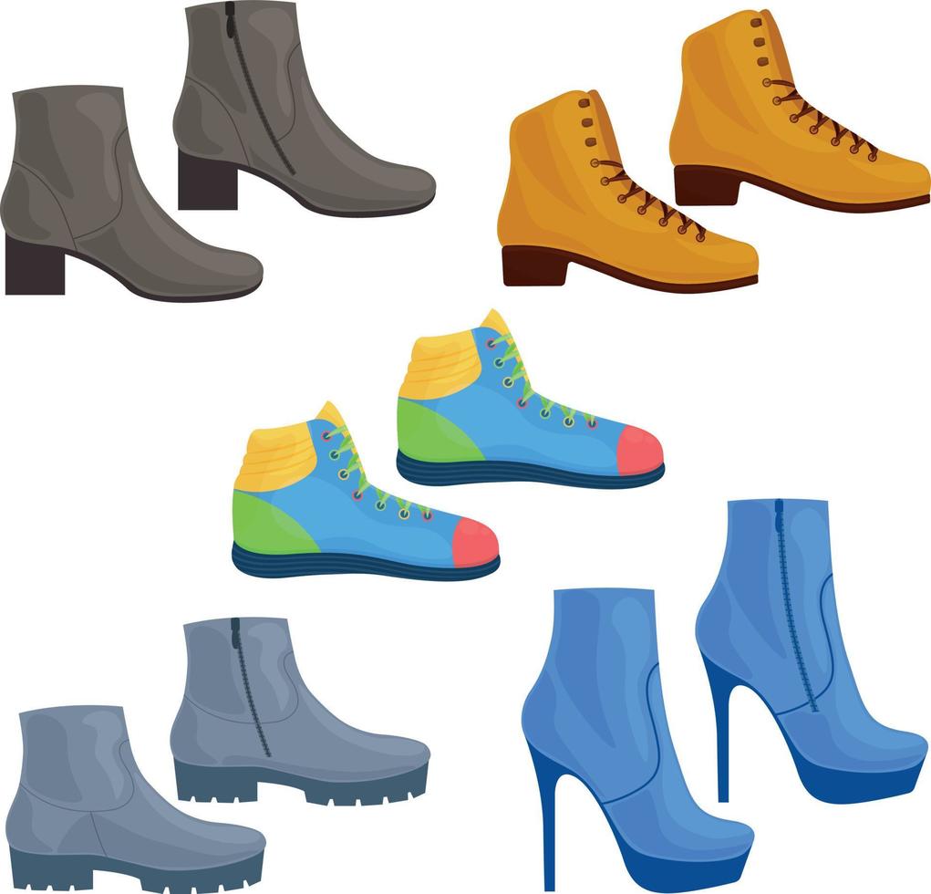 chaussure. un grand ensemble composé de diverses chaussures, telles que des chaussures, des baskets, des chaussures à talons. illustration vectorielle de chaussures classiques et de sport vecteur