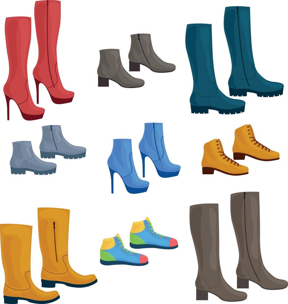 chaussures.un grand ensemble composé de diverses chaussures, telles que des baskets, des chaussures classiques, des bottes hautes, des bottes à talons aiguilles et également des bottes à talons hauts. illustration vectorielle vecteur