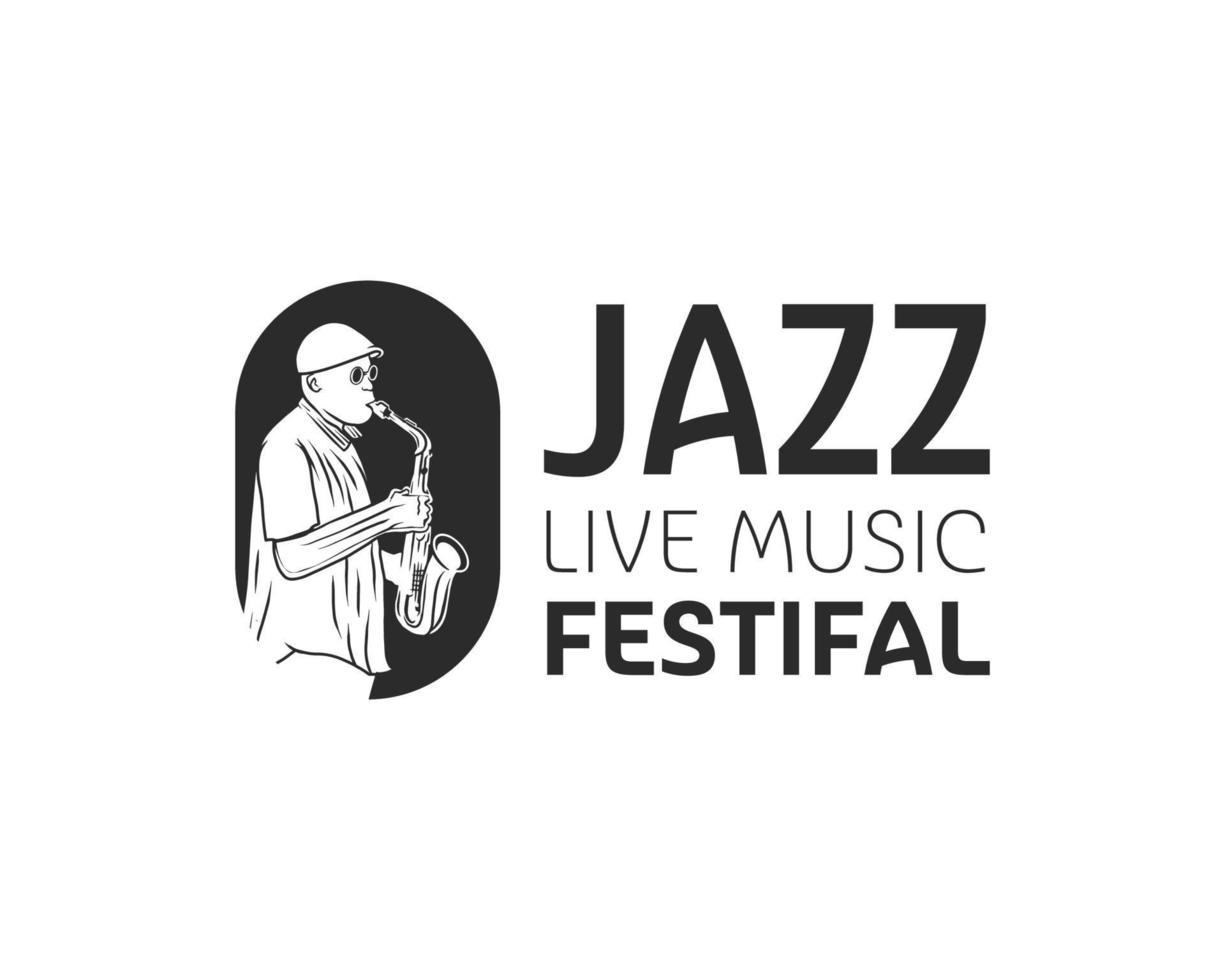 homme jouant du logo de saxophone. modèle de conception de logo d'événement de festival de musique jazz live vecteur