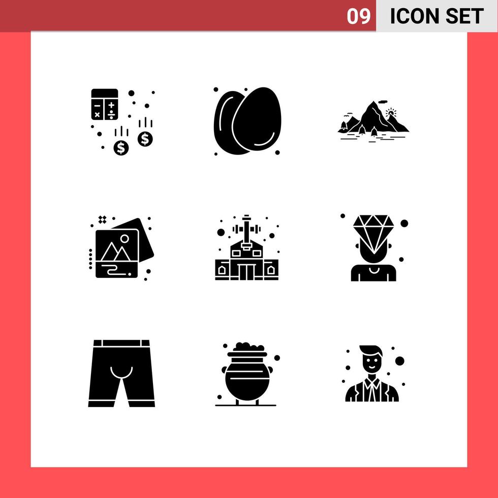 pack de 9 signes et symboles de glyphes solides modernes pour les supports d'impression Web tels que l'art photo aliments sains image montagne éléments de conception vectoriels modifiables vecteur