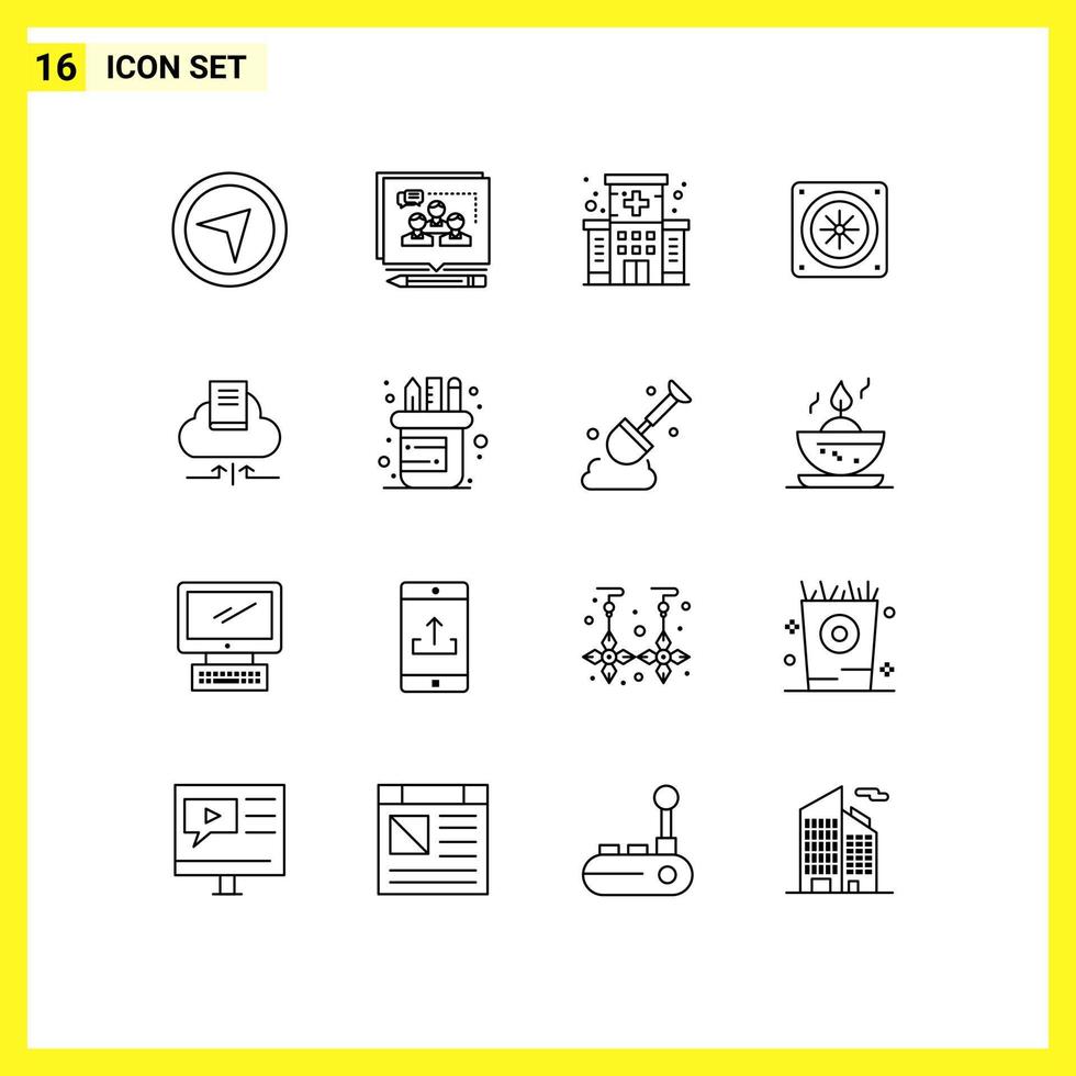 ensemble moderne de 16 contours et symboles tels que des éléments de conception vectoriels modifiables par ordinateur de fan de soins de santé de nuage de livre vecteur